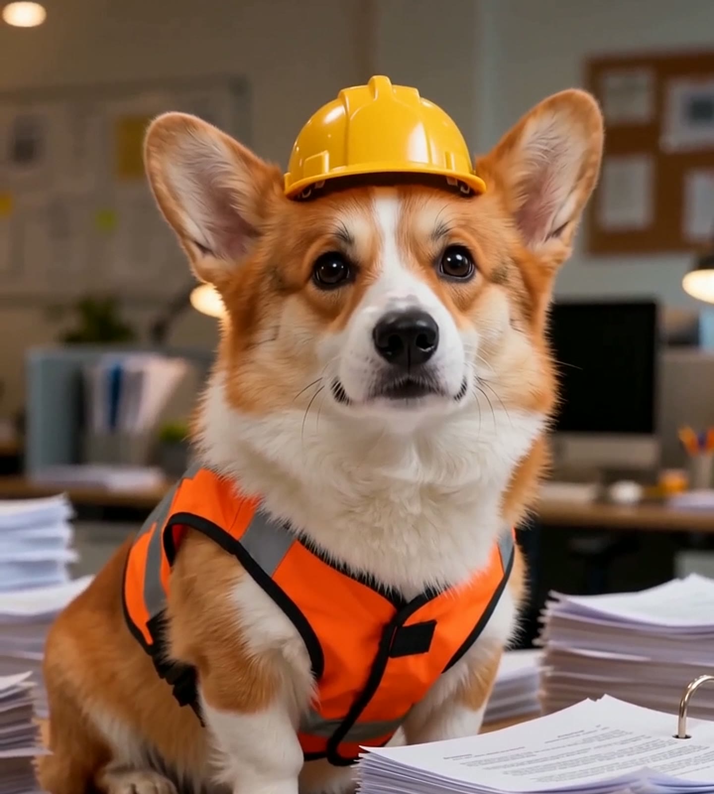 Watson, der Corgi mit Bauhelm und Warnweste, vor einem Stapel Gemeinderatsprotokolle